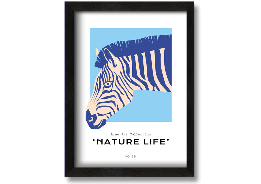 A beautifully framed Zebra Nature print showcasing a striking zebra design, available in various frame colors.