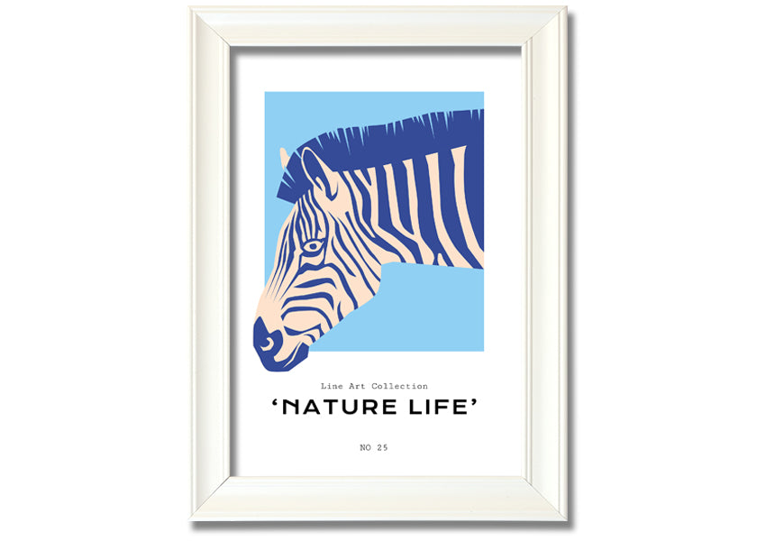 A beautifully framed Zebra Nature print showcasing a striking zebra design, available in various frame colors.