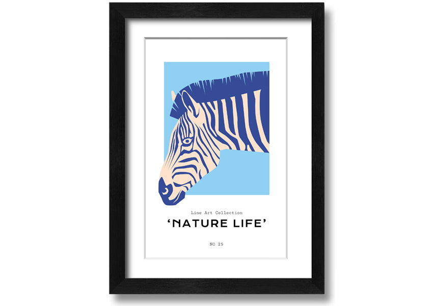 A beautifully framed Zebra Nature print showcasing a striking zebra design, available in various frame colors.