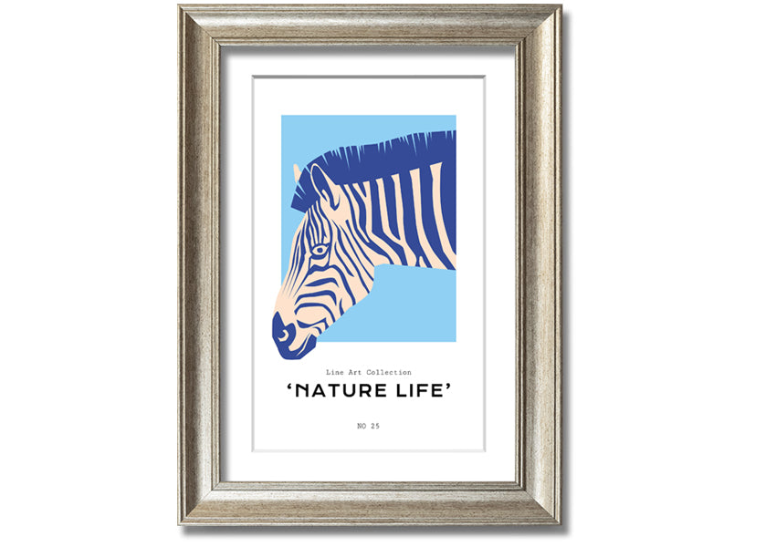 A beautifully framed Zebra Nature print showcasing a striking zebra design, available in various frame colors.