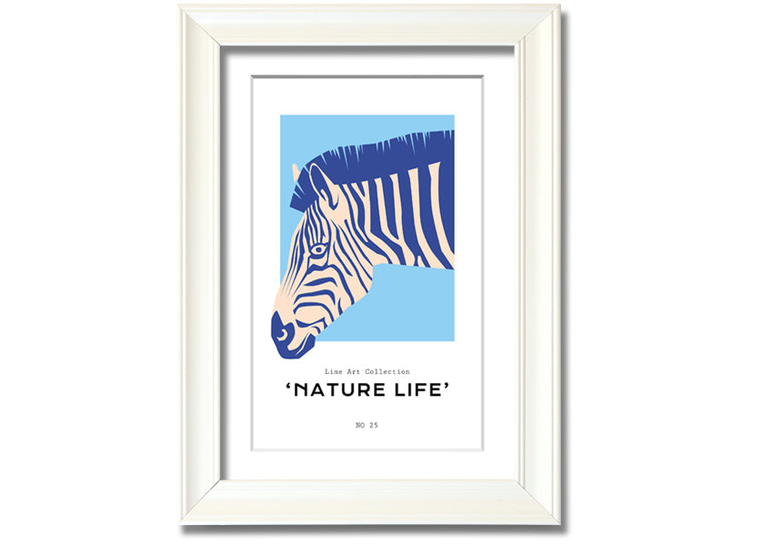 A beautifully framed Zebra Nature print showcasing a striking zebra design, available in various frame colors.