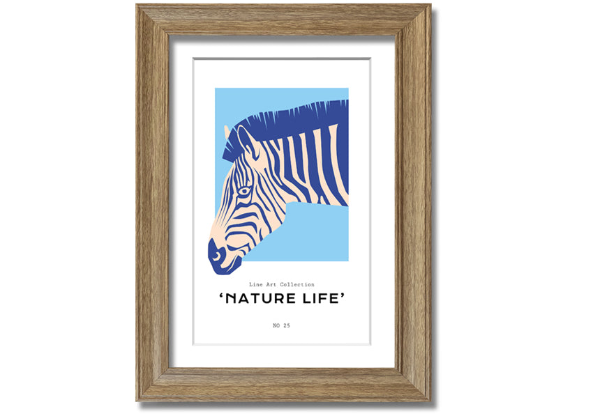 A beautifully framed Zebra Nature print showcasing a striking zebra design, available in various frame colors.