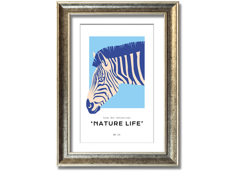 A beautifully framed Zebra Nature print showcasing a striking zebra design, available in various frame colors.