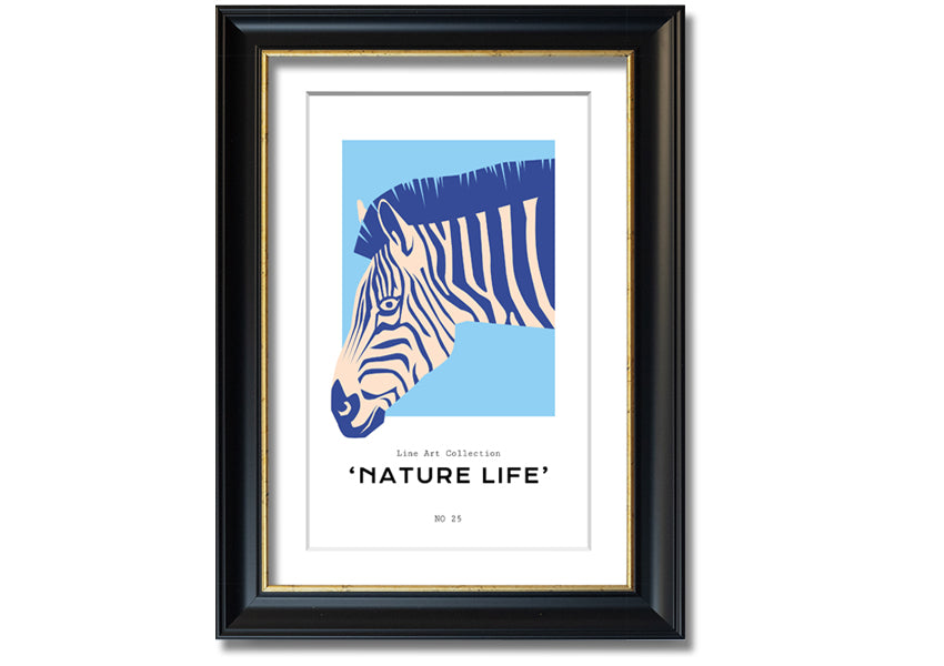 A beautifully framed Zebra Nature print showcasing a striking zebra design, available in various frame colors.