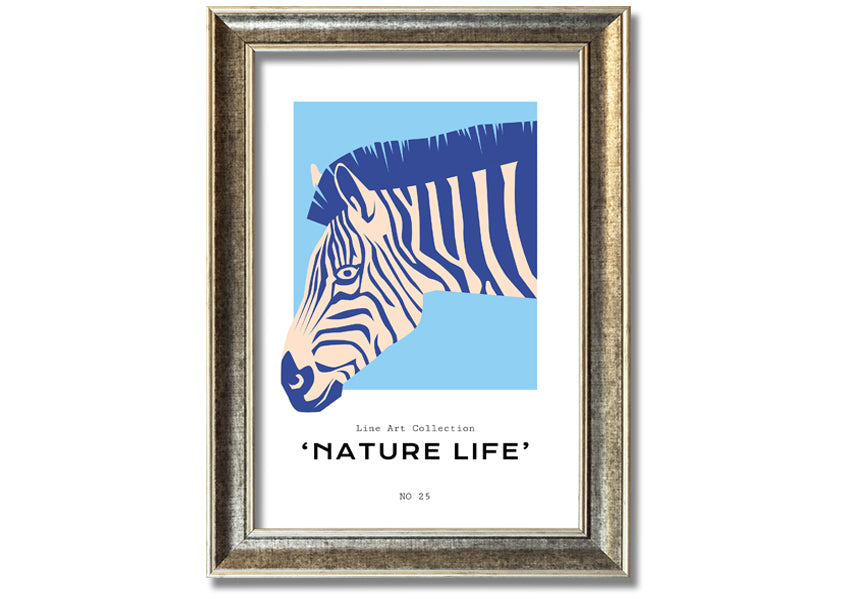 A beautifully framed Zebra Nature print showcasing a striking zebra design, available in various frame colors.