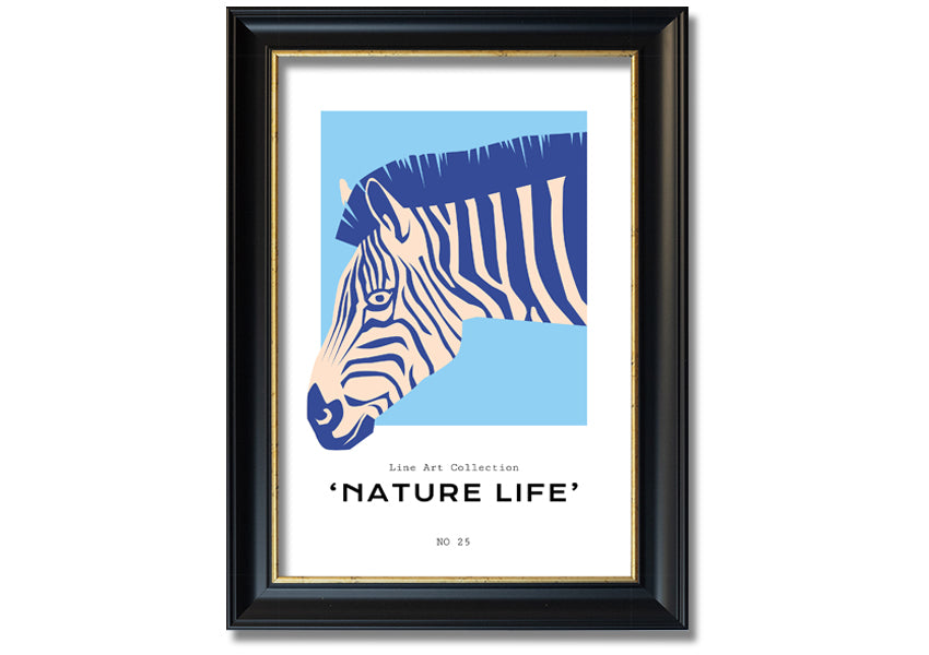 A beautifully framed Zebra Nature print showcasing a striking zebra design, available in various frame colors.