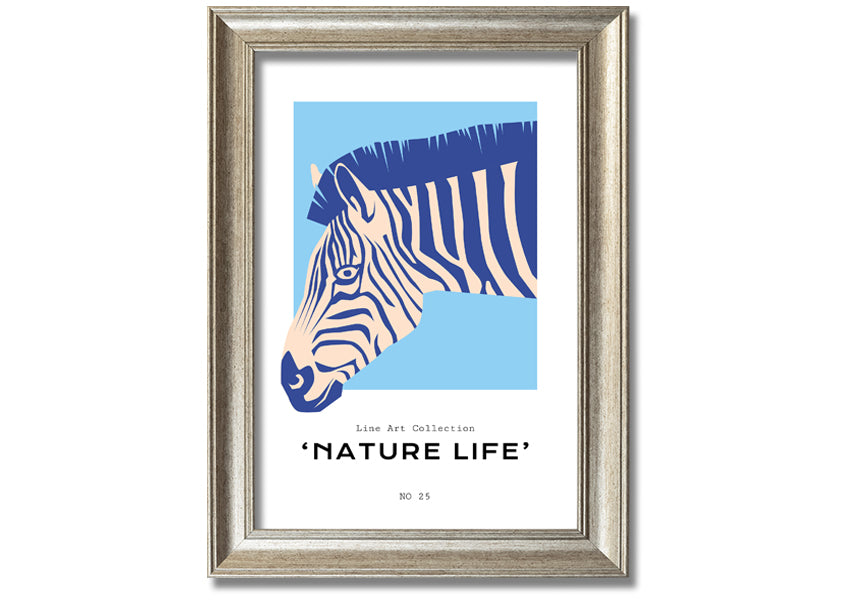 A beautifully framed Zebra Nature print showcasing a striking zebra design, available in various frame colors.