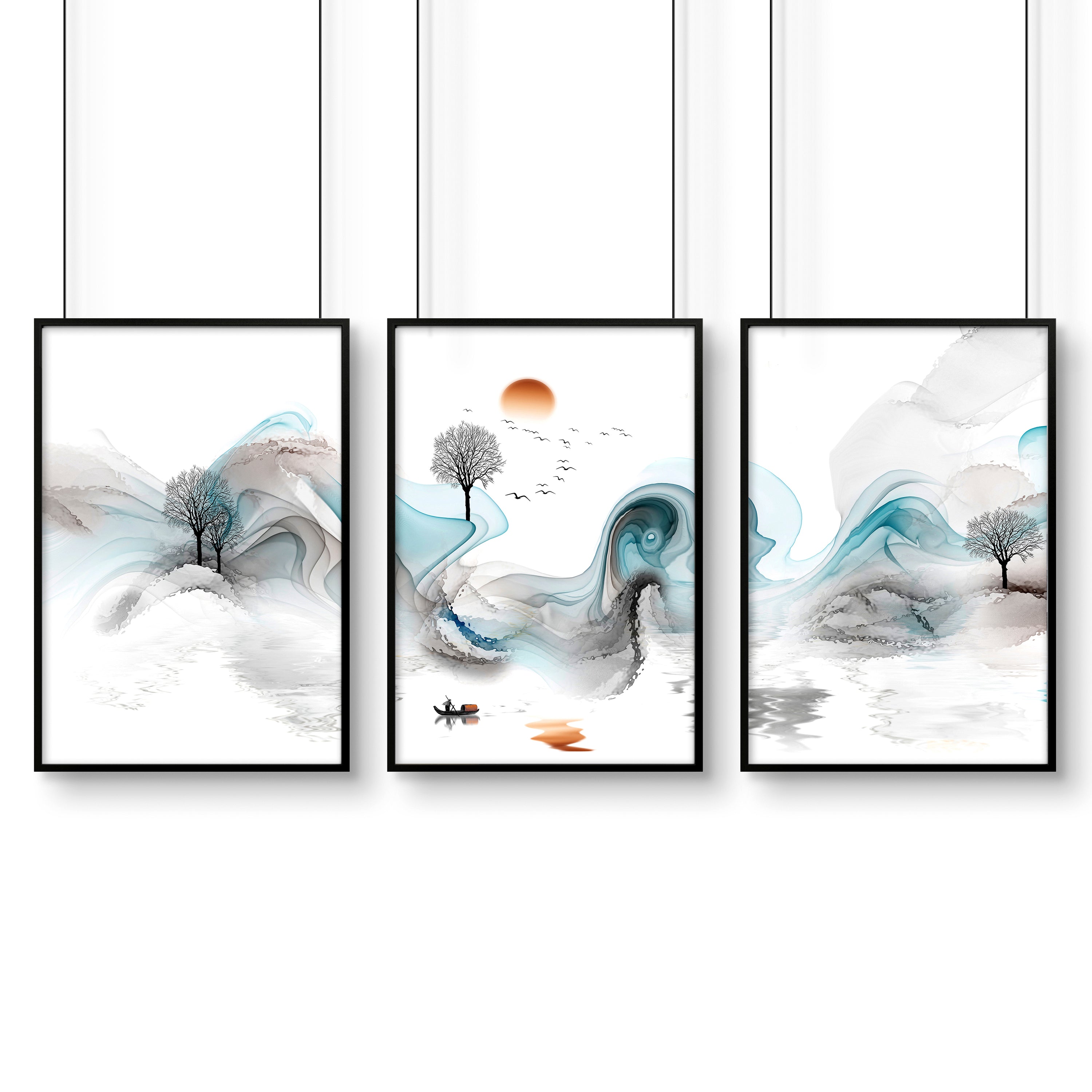 Set of 3 Zen wall art prints featuring ethereal Japanese landscapes, perfect for creating a serene atmosphere in your living room.