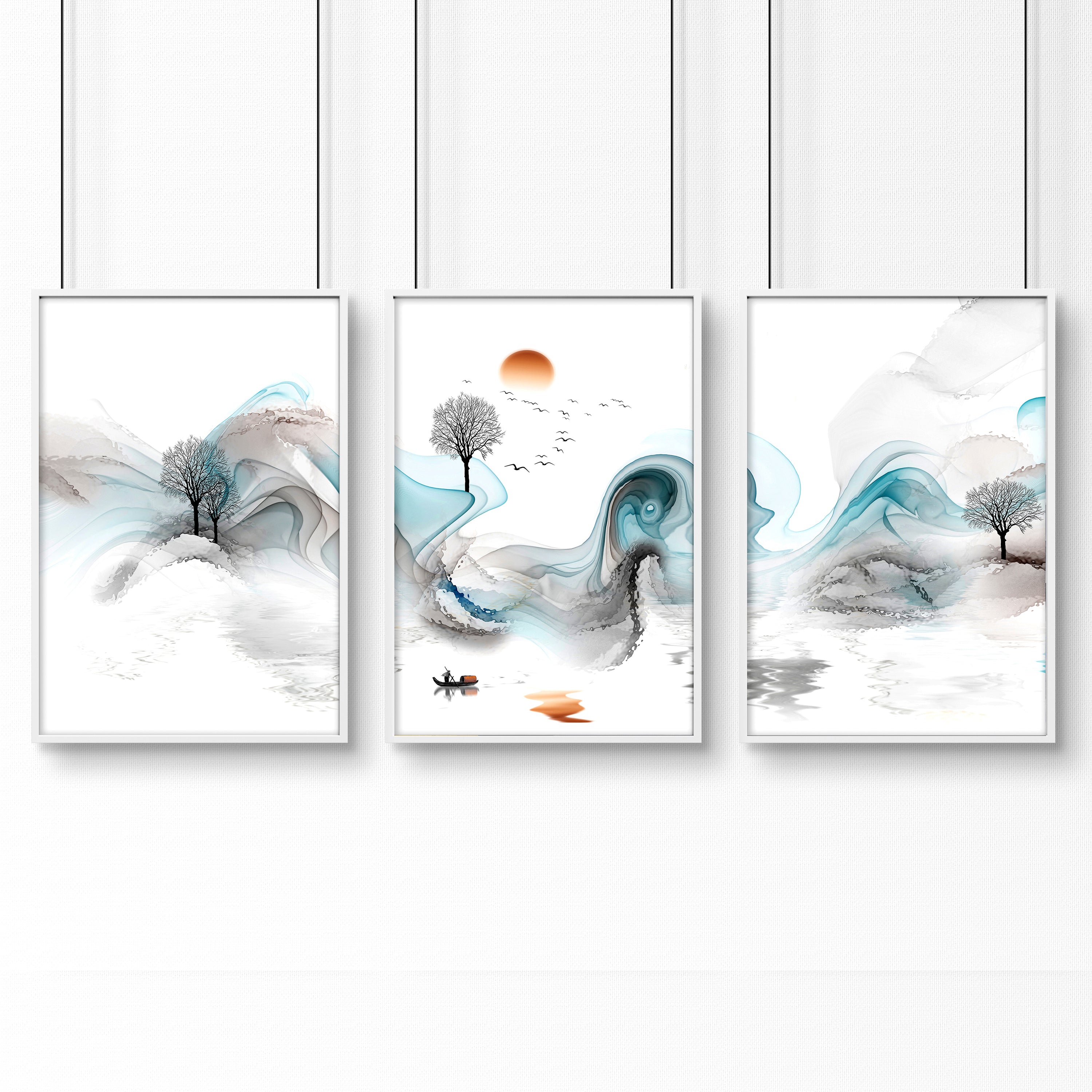 Set of 3 Zen wall art prints featuring ethereal Japanese landscapes, perfect for creating a serene atmosphere in your living room.