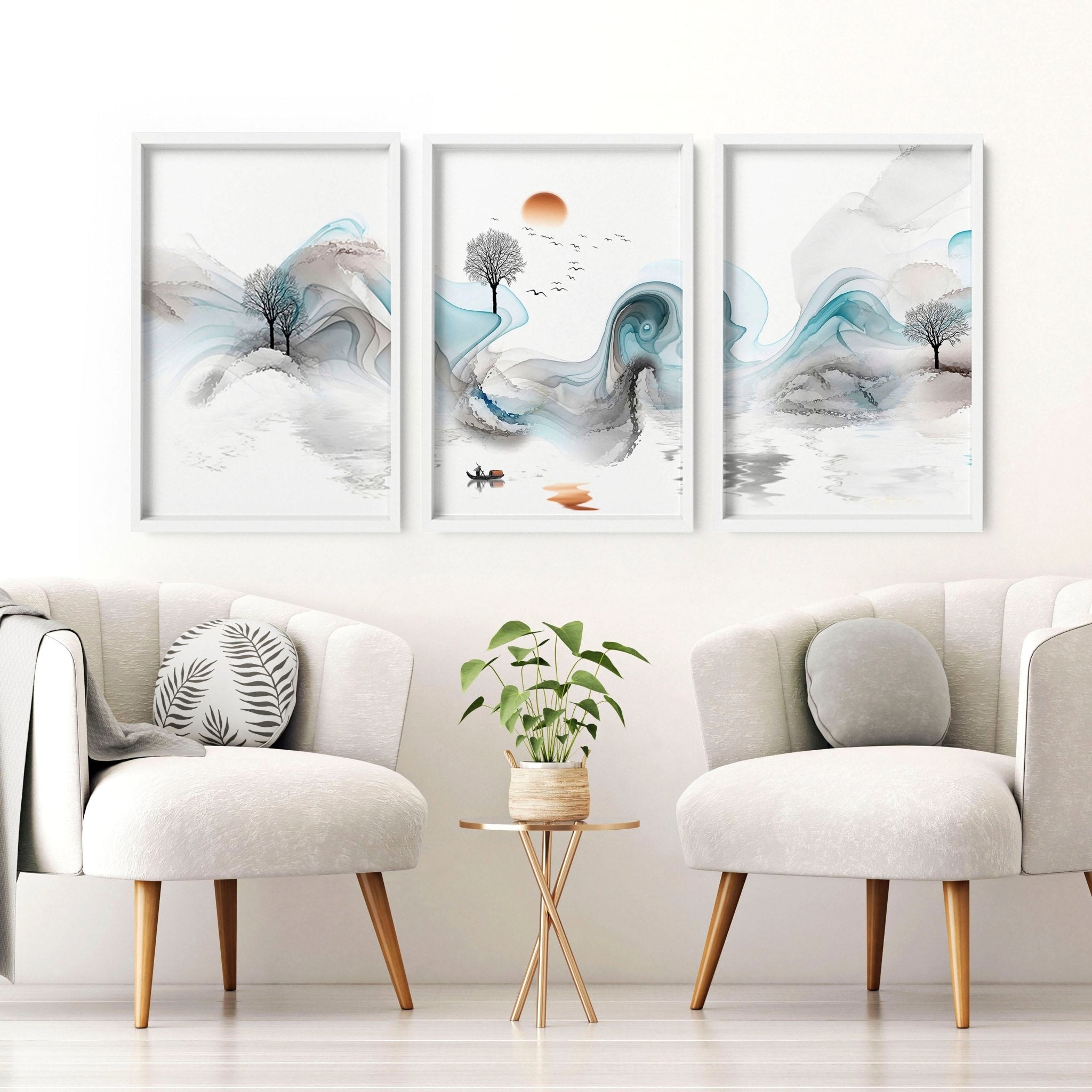 Set of 3 Zen wall art prints featuring ethereal Japanese landscapes, perfect for creating a serene atmosphere in your living room.