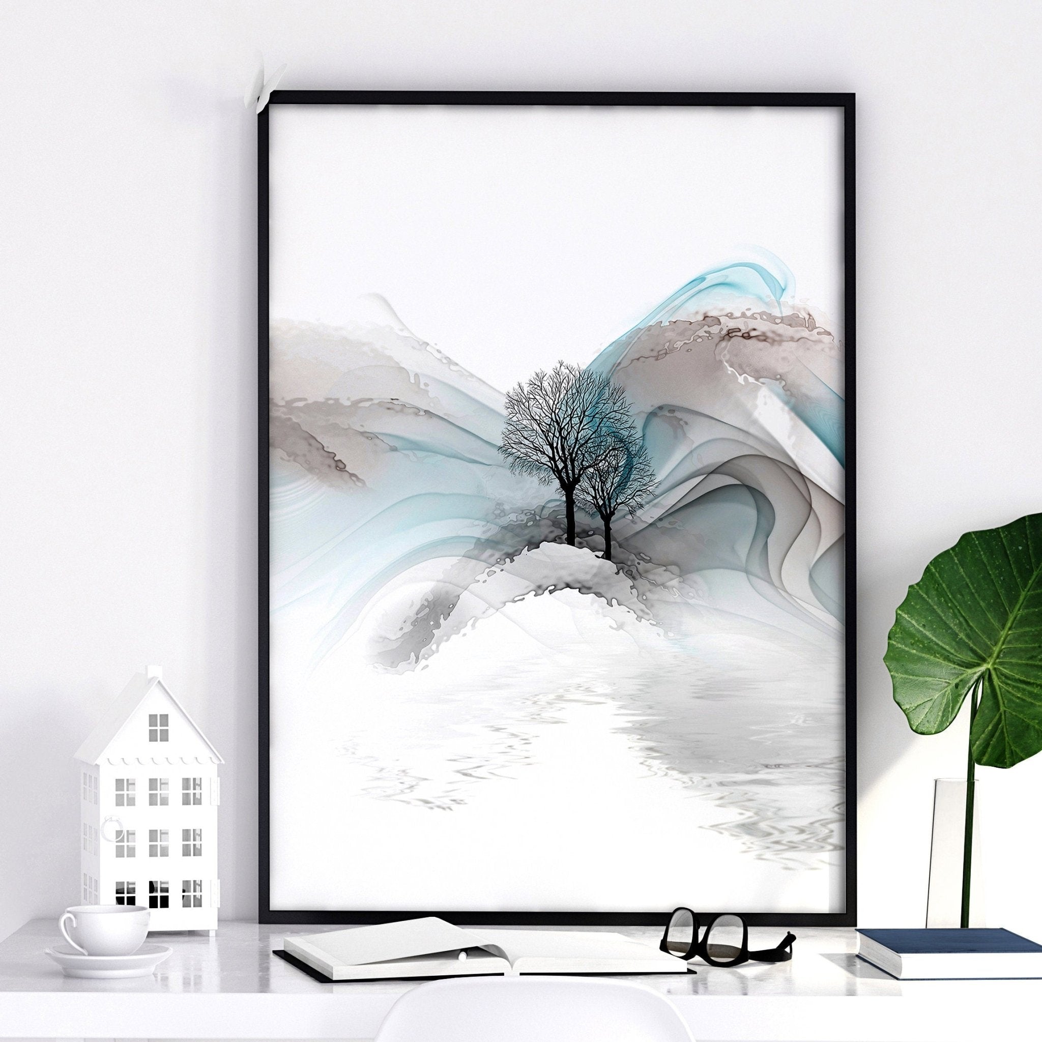 Set of 3 Zen wall art prints featuring ethereal Japanese landscapes, perfect for creating a serene atmosphere in your living room.