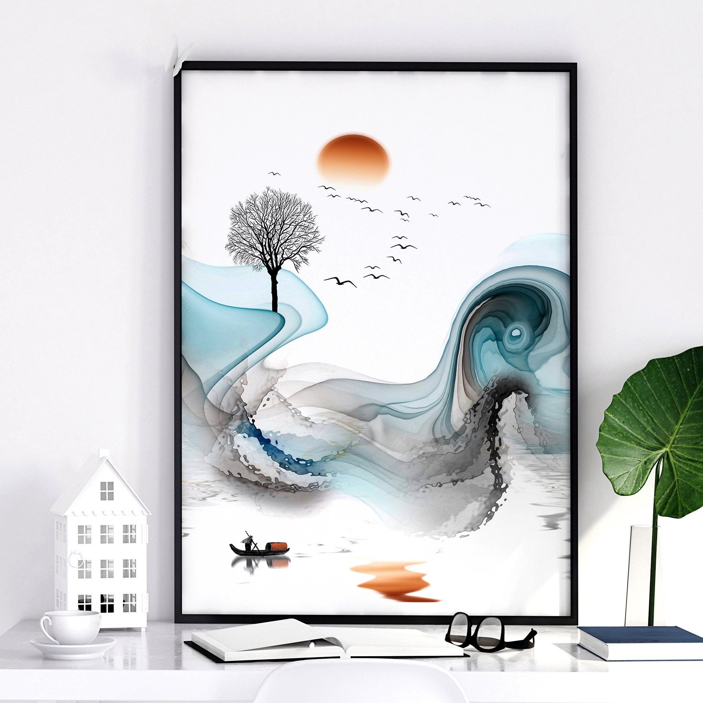 Set of 3 Zen wall art prints featuring ethereal Japanese landscapes, perfect for creating a serene atmosphere in your living room.