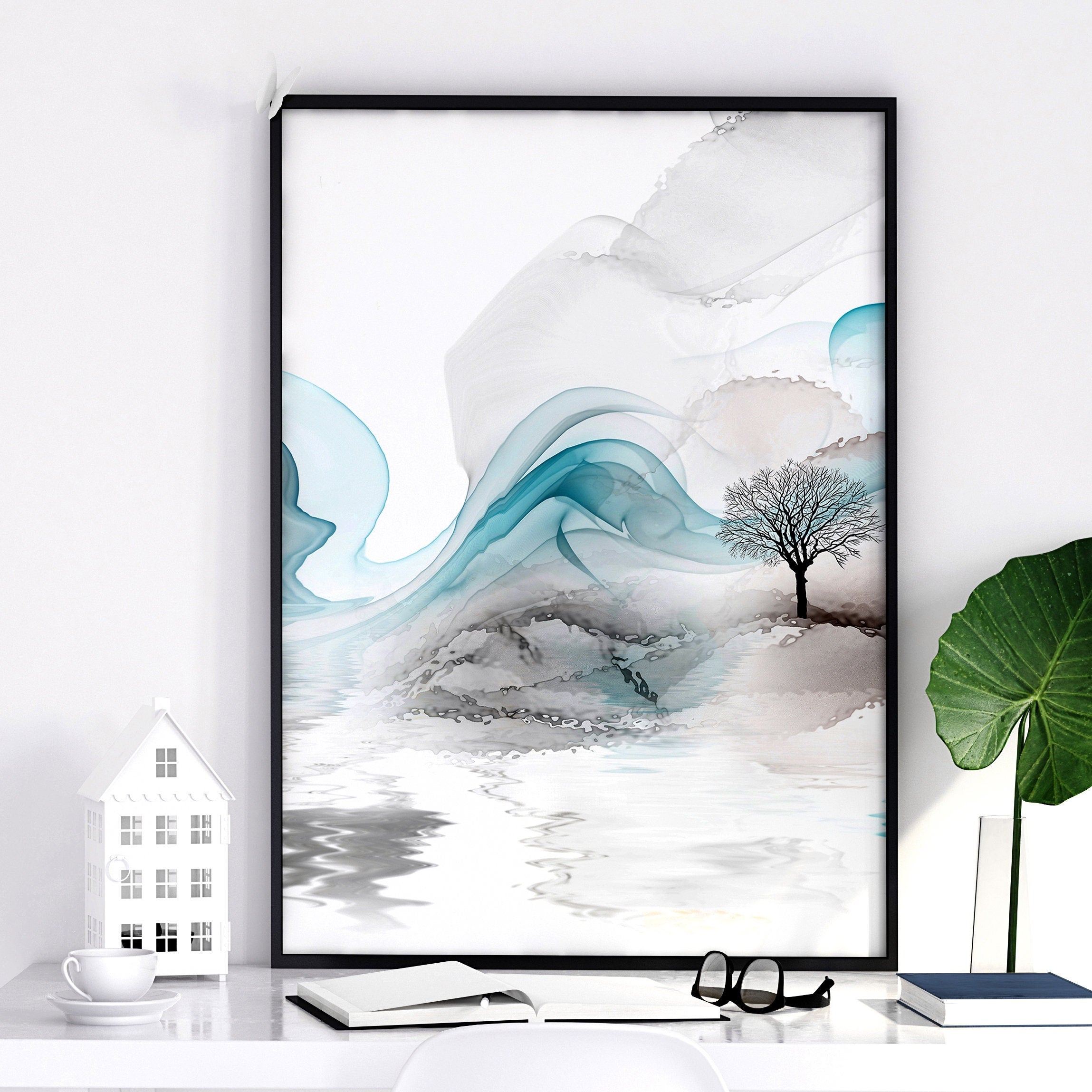 Set of 3 Zen wall art prints featuring ethereal Japanese landscapes, perfect for creating a serene atmosphere in your living room.