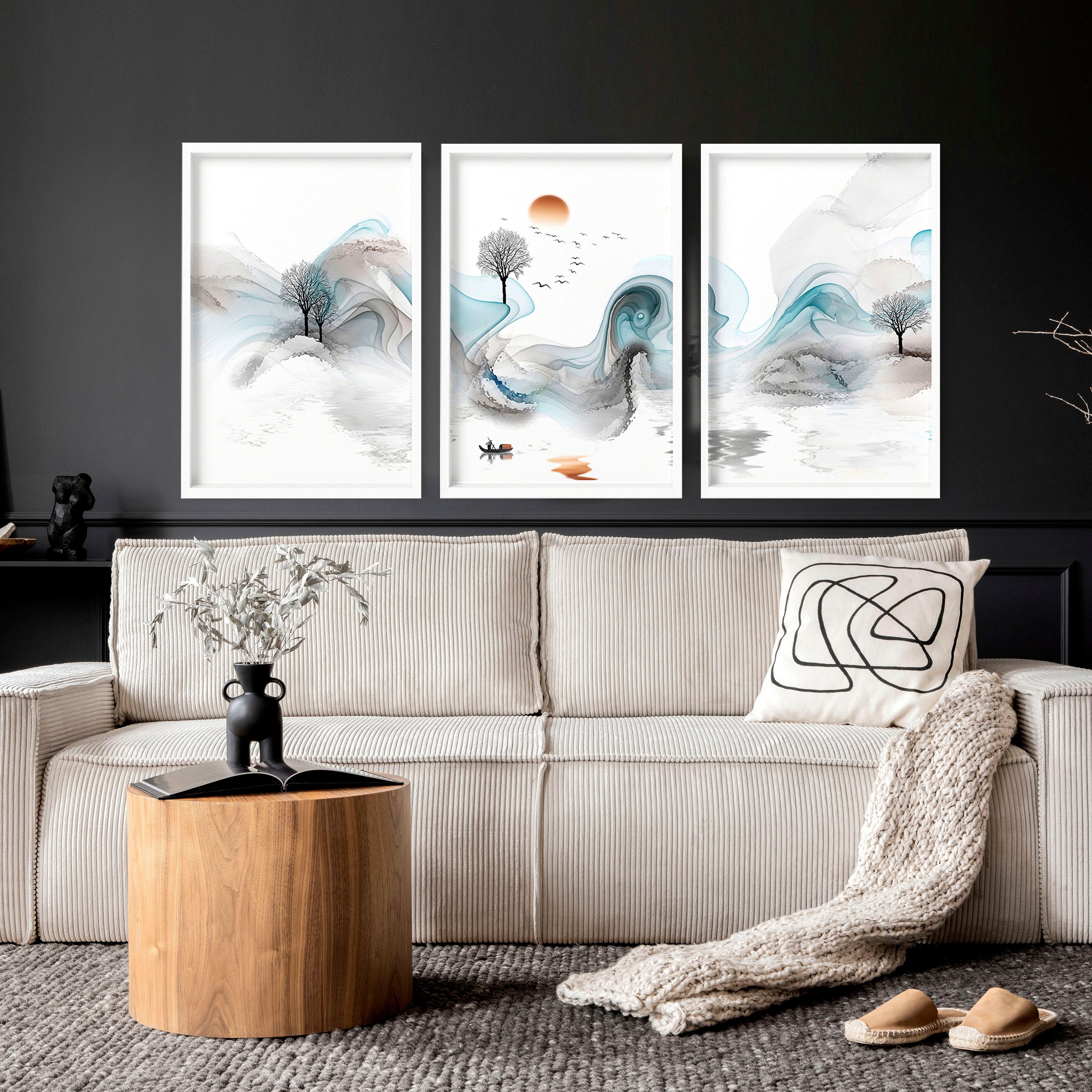 Set of 3 Zen wall art prints featuring ethereal Japanese landscapes, perfect for creating a serene atmosphere in your living room.