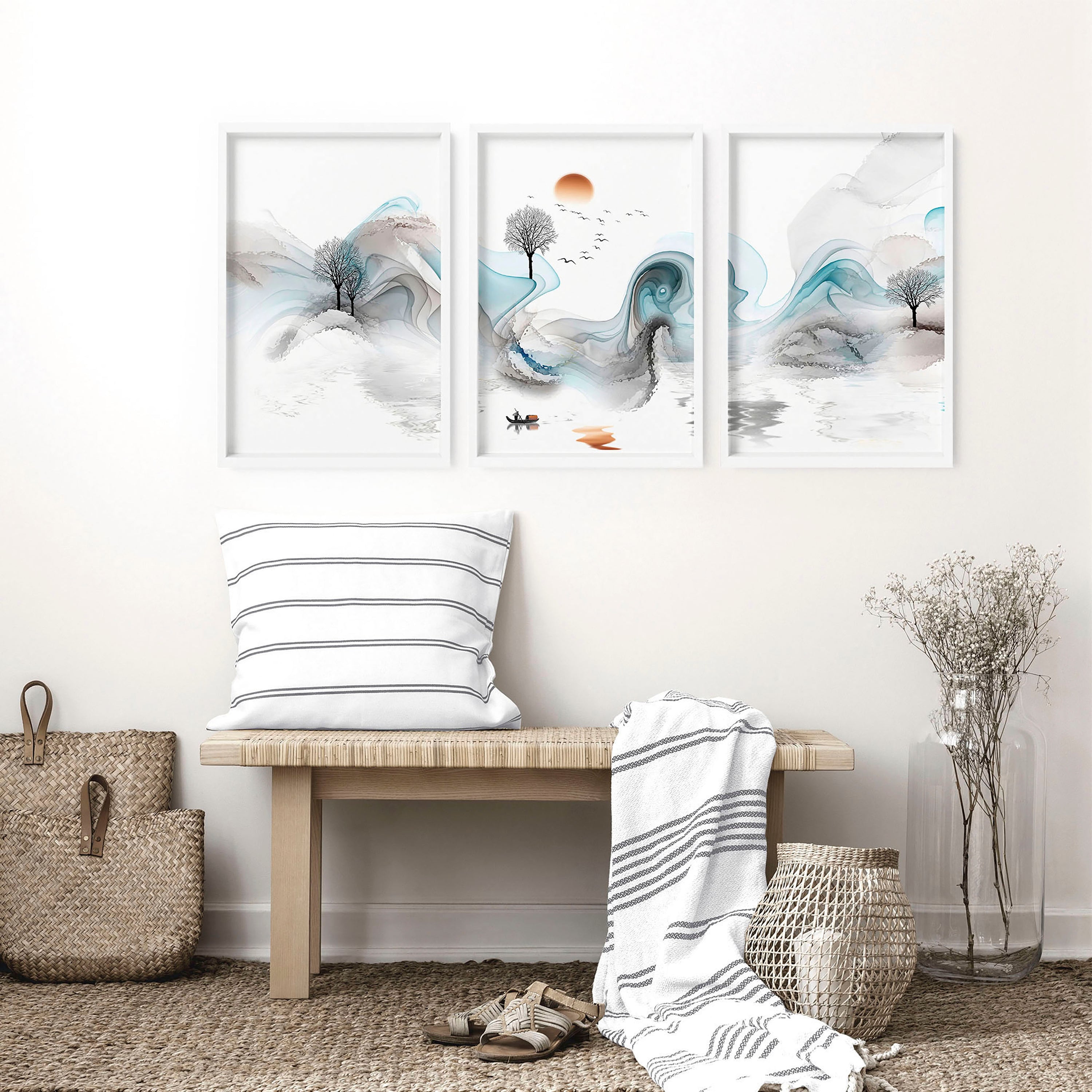 Set of 3 Zen wall art prints featuring ethereal Japanese landscapes, perfect for creating a serene atmosphere in your living room.