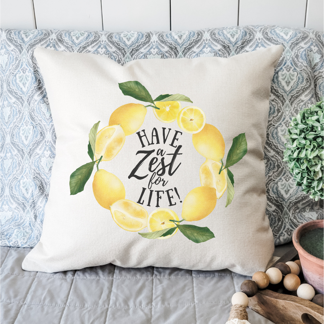 Zest for Life Pillow Cover featuring original woven linen designs in light beige with a hidden zipper.