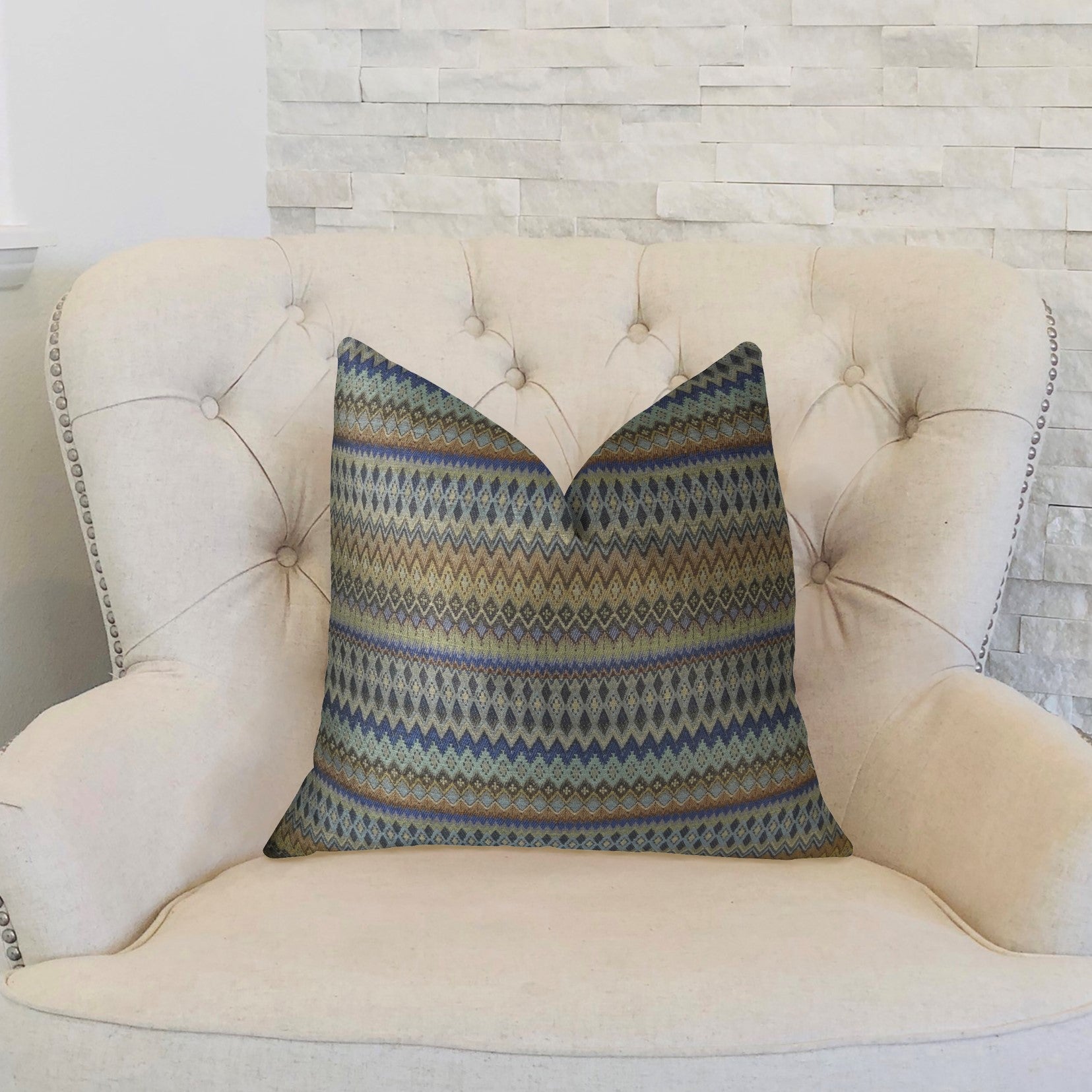 Zipline Navy Blue and Taupe Handmade Luxury Pillow featuring a geometric pattern and invisible zipper, showcasing its elegant design and craftsmanship.