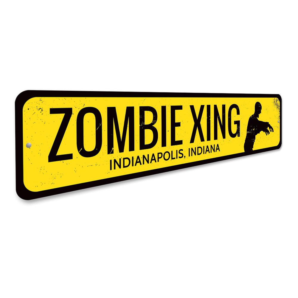 A decorative Zombie Crossing Sign made of aluminum, featuring spooky graphics perfect for Halloween decor.