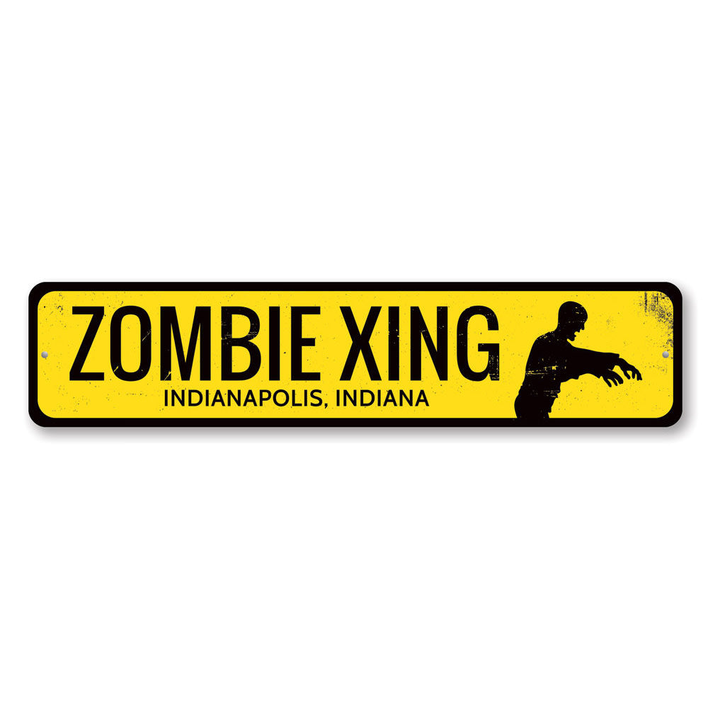 A decorative Zombie Crossing Sign made of aluminum, featuring spooky graphics perfect for Halloween decor.