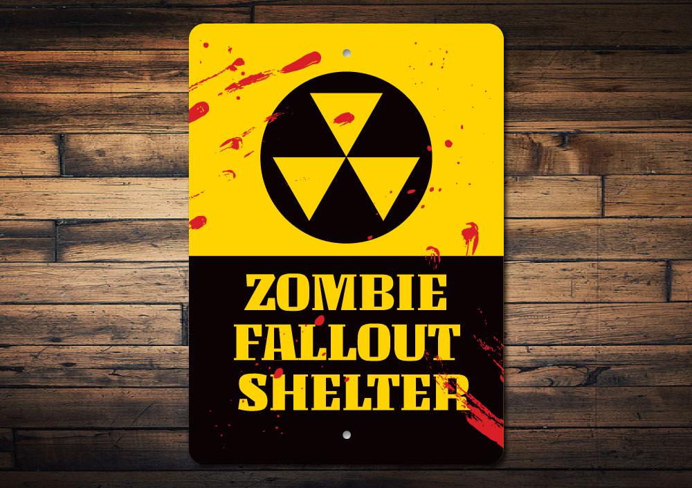 Zombie Fallout Shelter Sign made of durable aluminum, featuring spooky graphics perfect for Halloween decor.