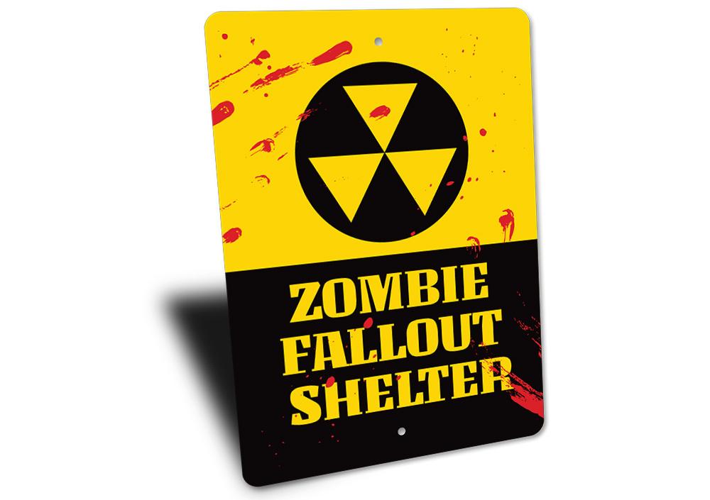 Zombie Fallout Shelter Sign made of durable aluminum, featuring spooky graphics perfect for Halloween decor.