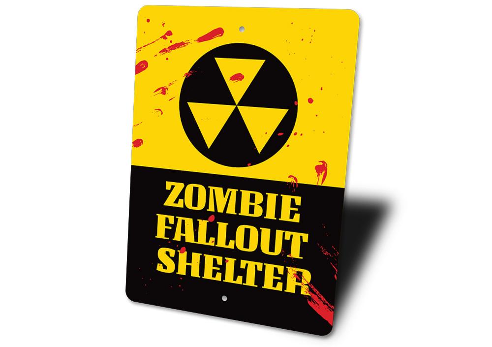 Zombie Fallout Shelter Sign made of durable aluminum, featuring spooky graphics perfect for Halloween decor.