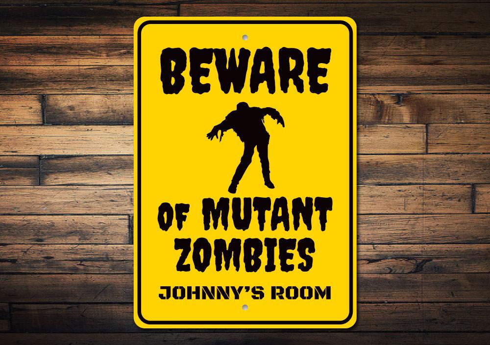 Zombie Kids Room Sign featuring spooky Halloween design, made of durable aluminum with customizable text options.