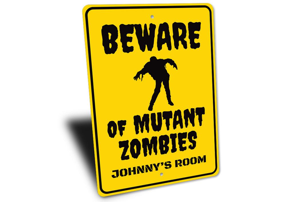 Zombie Kids Room Sign featuring spooky Halloween design, made of durable aluminum with customizable text options.