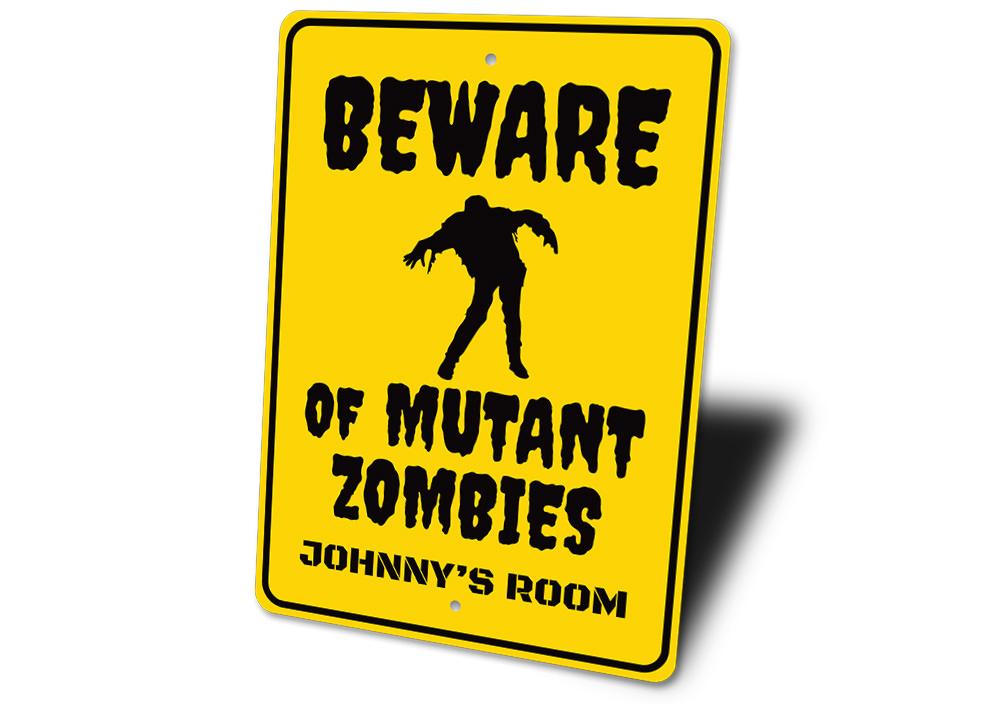 Zombie Kids Room Sign featuring spooky Halloween design, made of durable aluminum with customizable text options.