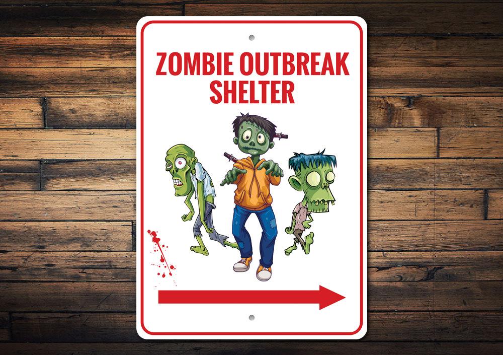 Zombie Outbreak Shelter Sign made of durable aluminum, featuring spooky graphics perfect for Halloween decor.