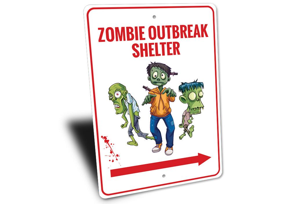 Zombie Outbreak Shelter Sign made of durable aluminum, featuring spooky graphics perfect for Halloween decor.