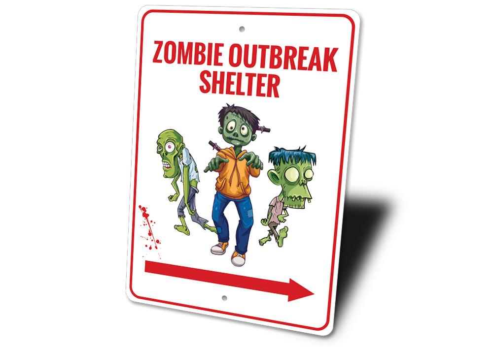 Zombie Outbreak Shelter Sign made of durable aluminum, featuring spooky graphics perfect for Halloween decor.