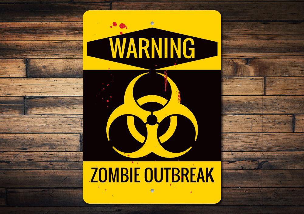 A spooky Zombie Outbreak Warning Sign made of durable aluminum, featuring eerie graphics perfect for Halloween decor.