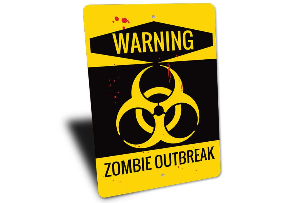 A spooky Zombie Outbreak Warning Sign made of durable aluminum, featuring eerie graphics perfect for Halloween decor.