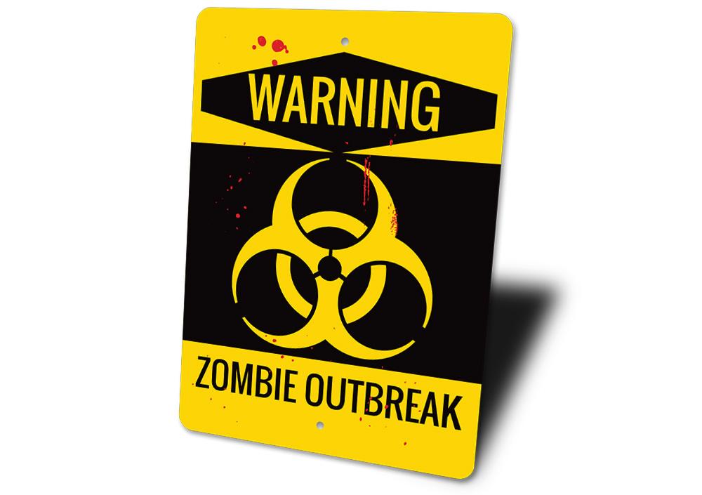 A spooky Zombie Outbreak Warning Sign made of durable aluminum, featuring eerie graphics perfect for Halloween decor.