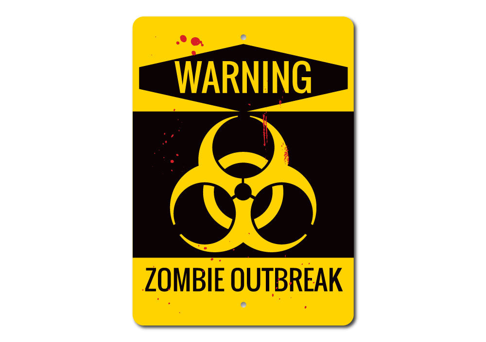 A spooky Zombie Outbreak Warning Sign made of durable aluminum, featuring eerie graphics perfect for Halloween decor.