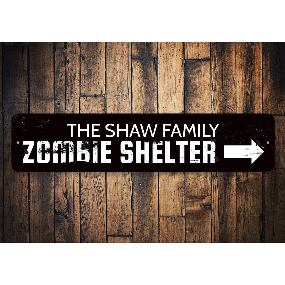 A spooky Zombie Shelter Sign made of high-quality aluminum, featuring eerie graphics perfect for Halloween decorations.