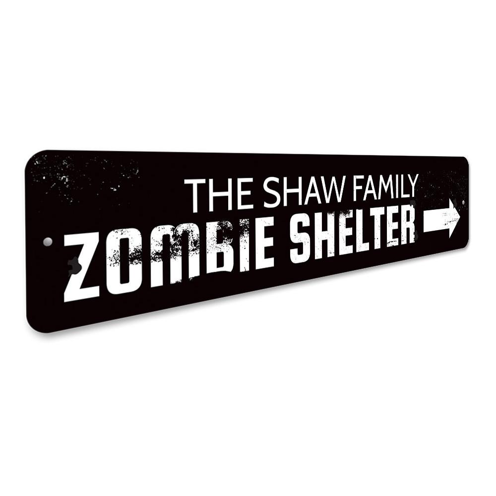 A spooky Zombie Shelter Sign made of high-quality aluminum, featuring eerie graphics perfect for Halloween decorations.