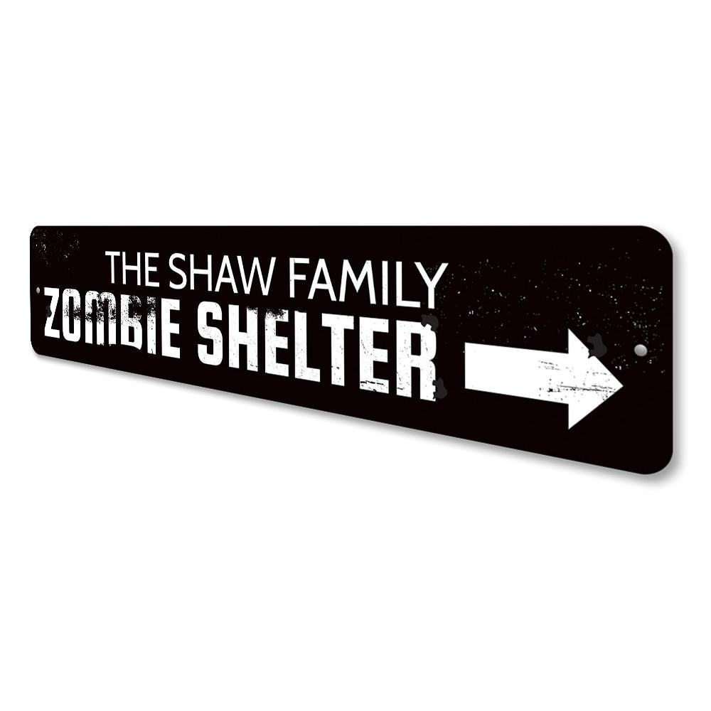 A spooky Zombie Shelter Sign made of high-quality aluminum, featuring eerie graphics perfect for Halloween decorations.