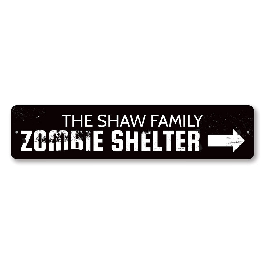 A spooky Zombie Shelter Sign made of high-quality aluminum, featuring eerie graphics perfect for Halloween decorations.