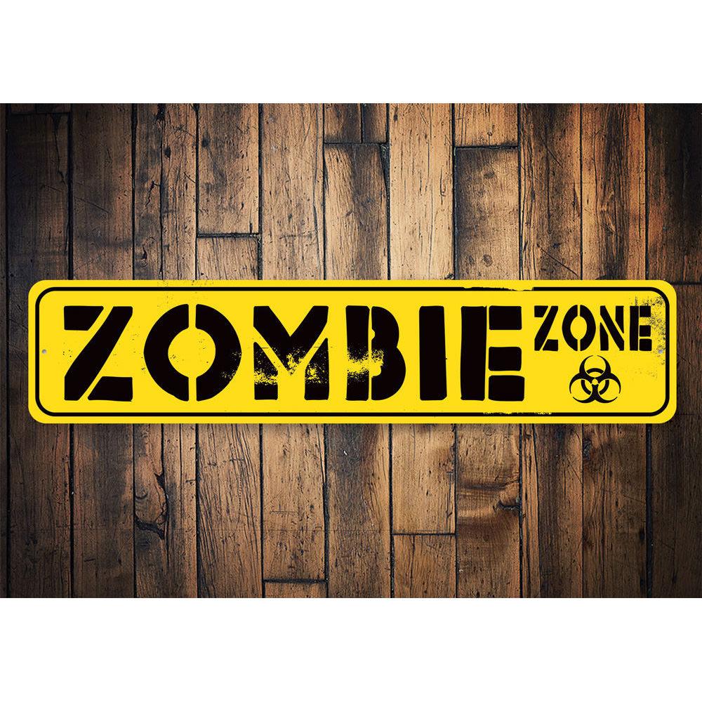 A spooky Zombie Street Sign made of high-quality aluminum, featuring eerie graphics perfect for Halloween decorations.