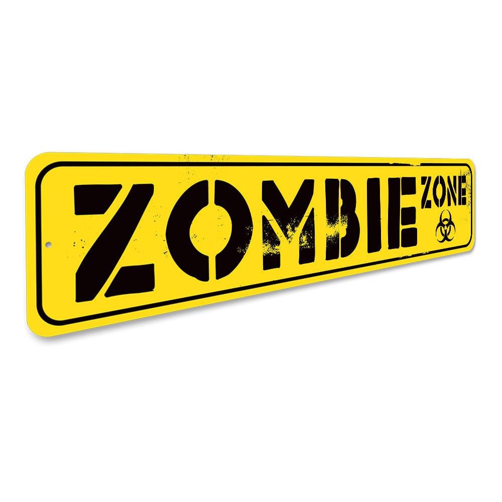 A spooky Zombie Street Sign made of high-quality aluminum, featuring eerie graphics perfect for Halloween decorations.