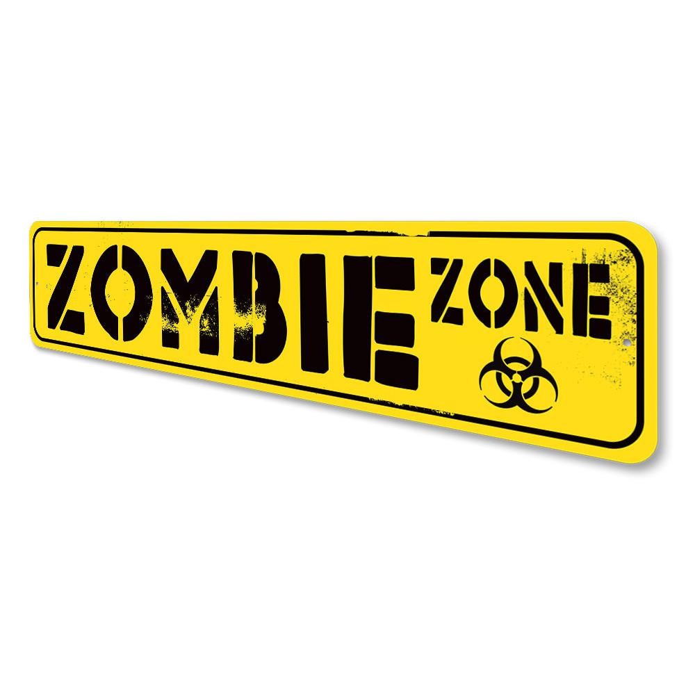 A spooky Zombie Street Sign made of high-quality aluminum, featuring eerie graphics perfect for Halloween decorations.