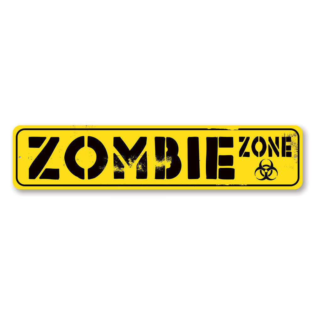 A spooky Zombie Street Sign made of high-quality aluminum, featuring eerie graphics perfect for Halloween decorations.