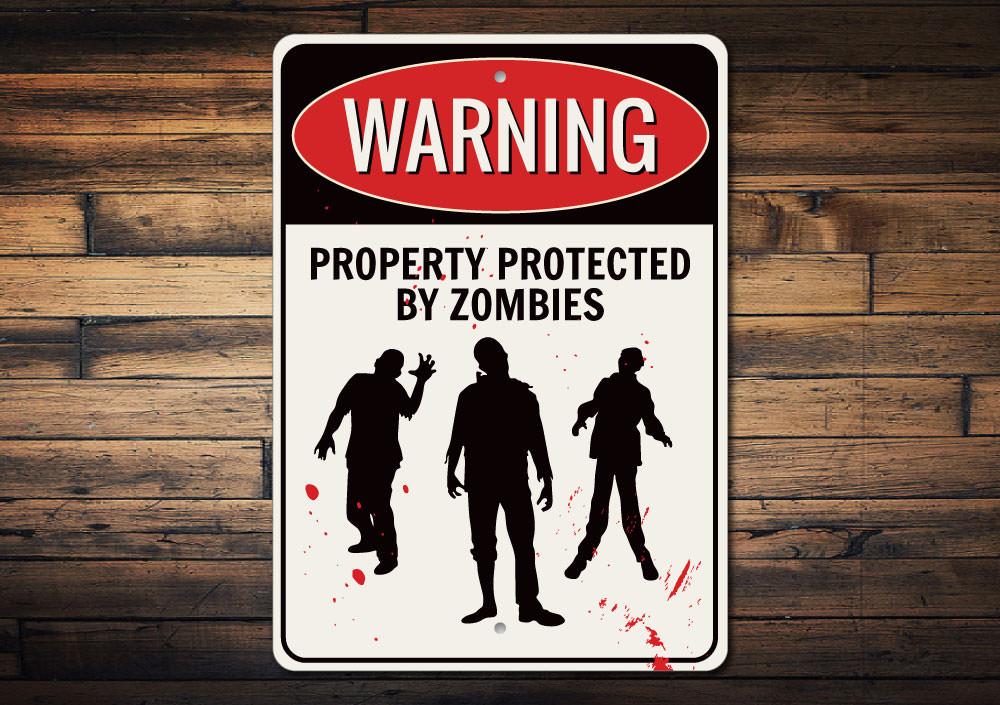 A spooky Zombie Warning Sign made of durable aluminum, featuring eerie graphics perfect for Halloween decorations.