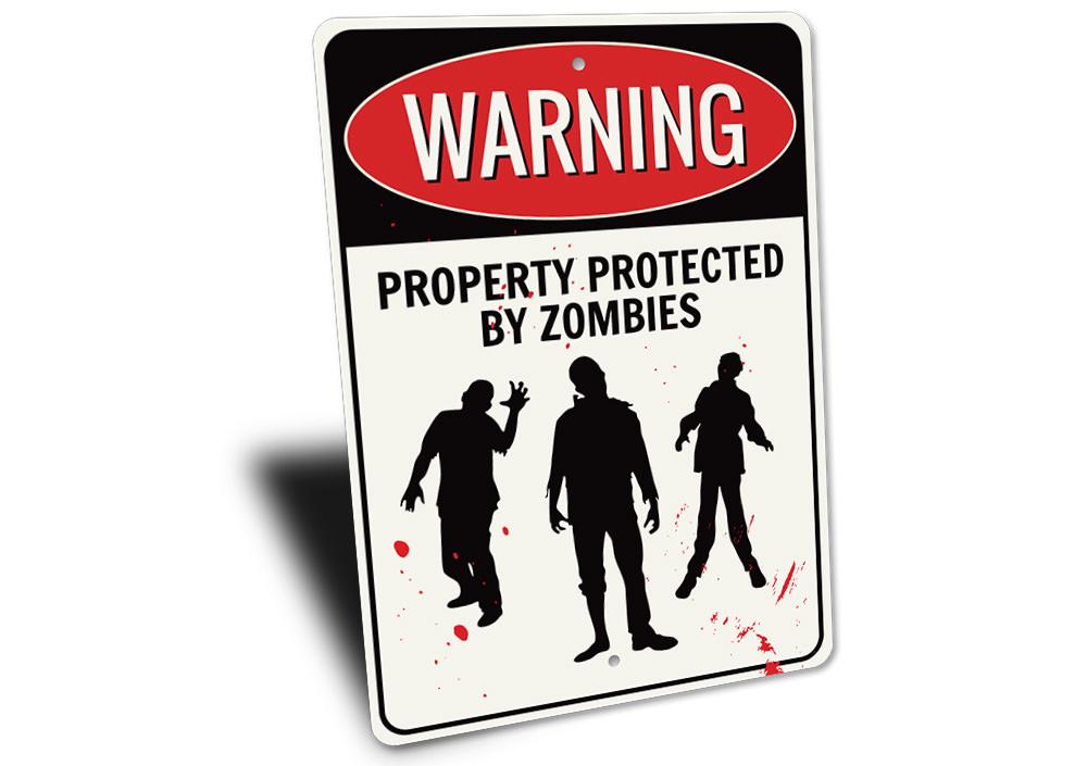 A spooky Zombie Warning Sign made of durable aluminum, featuring eerie graphics perfect for Halloween decorations.