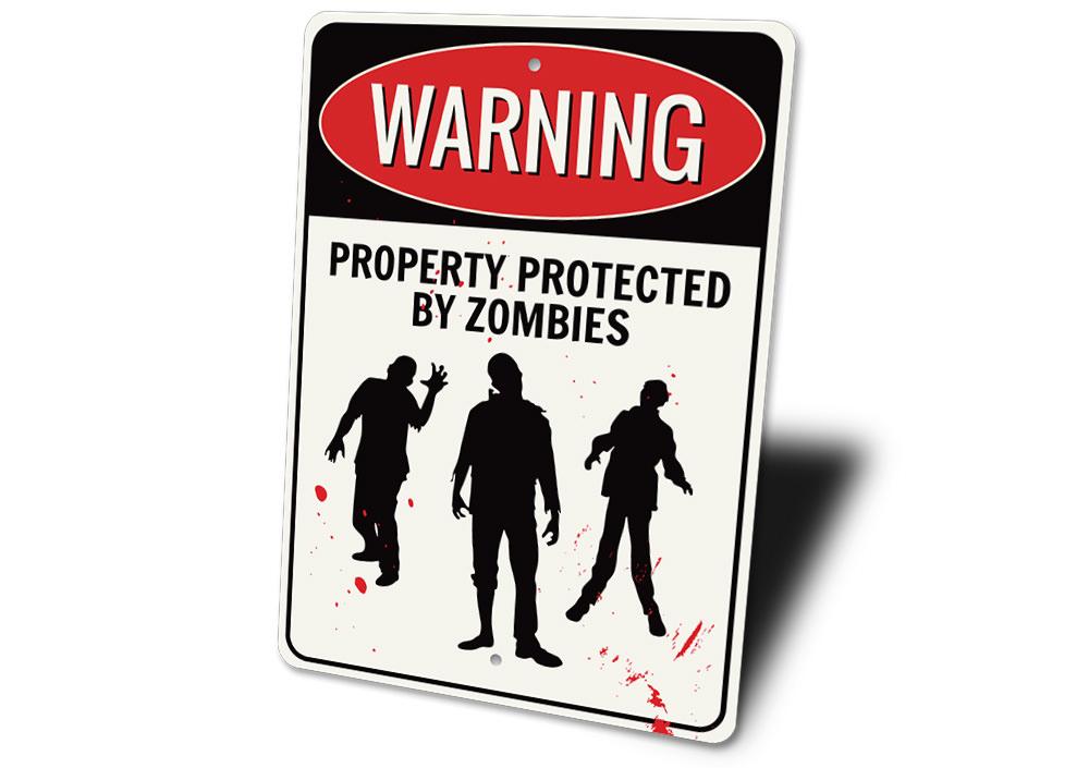 A spooky Zombie Warning Sign made of durable aluminum, featuring eerie graphics perfect for Halloween decorations.