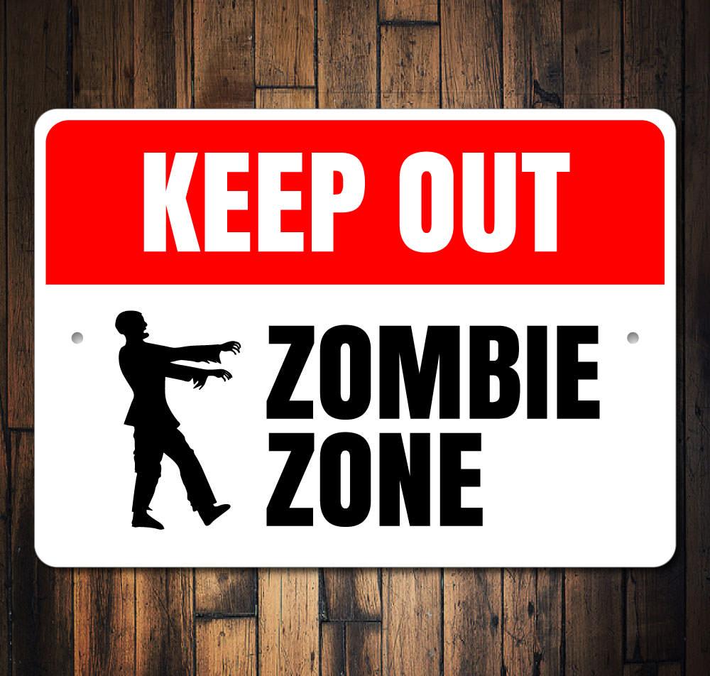 Zombie Zone Keep Out Sign made of high-quality aluminum, featuring spooky graphics perfect for Halloween decorations.