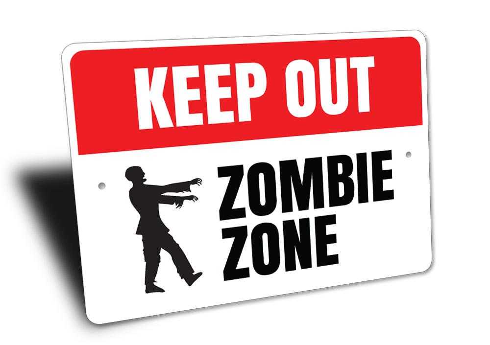 Zombie Zone Keep Out Sign made of high-quality aluminum, featuring spooky graphics perfect for Halloween decorations.