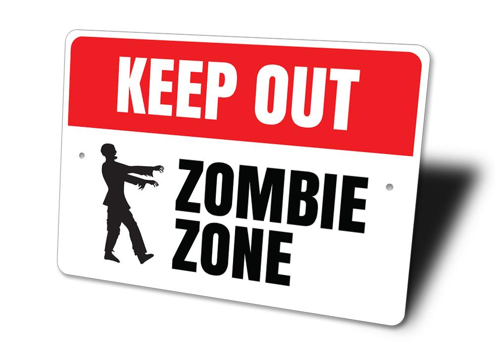 Zombie Zone Keep Out Sign made of high-quality aluminum, featuring spooky graphics perfect for Halloween decorations.